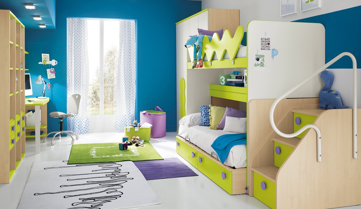 kids-room-design-also-bunk-bed-idea-plus-colorful-playfully-interior-decorating-ideas-with-green-blue-white-paint-color-and-rug-purple-also-workspace-swivel-chair-appel-imac-wooden-bookshelves-closet